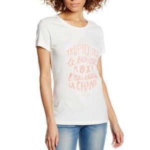 Roxy Top Medium Women's Graphic Tee Ivory White Cream Short Sleeve Cotton Shirt